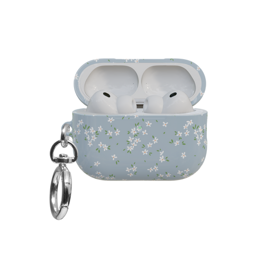 Blue Ditsy Floral airpods pro case front view with open lid and keychain
