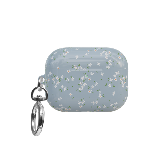 Blue Ditsy Floral airpods pro case front view with closed lid and keychain