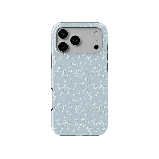 Whisper Bloom blue ditsy floral iPhone case - tough - back view showing powder blue ditsy floral pattern