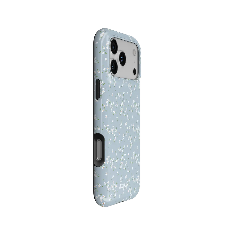 Whisper Bloom blue ditsy floral iPhone case - tough - side angle showing buttons and full wrap