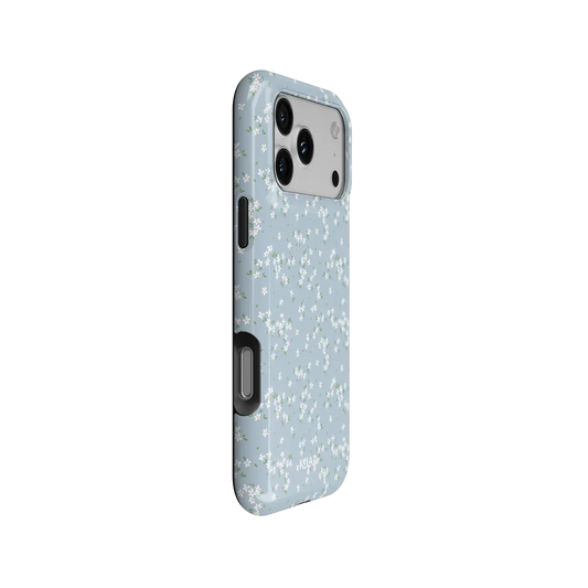 Whisper Bloom blue ditsy floral iPhone case - tough - side angle showing buttons and full wrap