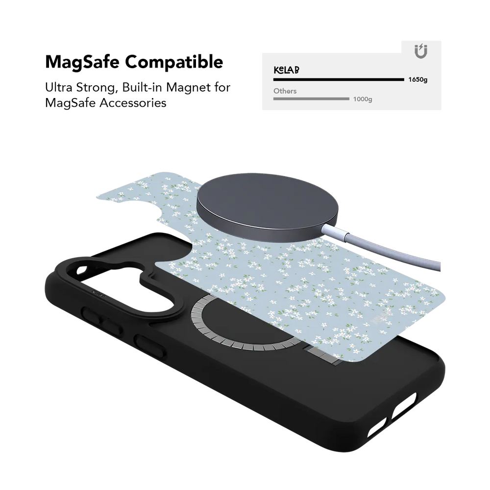 Blue Ditsy Floral Samsung Galaxy case, built-in magnetic ring for wireless charging