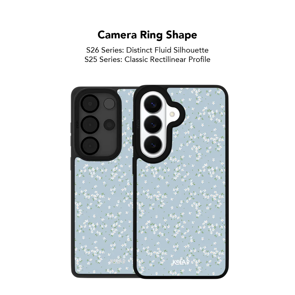 Blue Ditsy Floral Samsung Galaxy case, close-up of the camera ring cutout