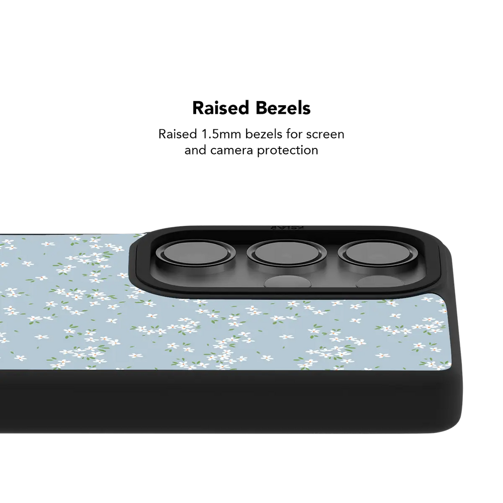 Blue Ditsy Floral Samsung Galaxy case, raised bezel offering extra camera protection