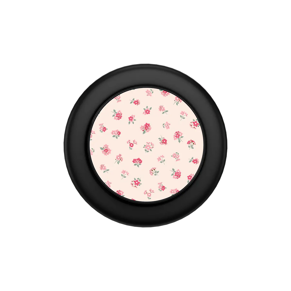 Petal Crush Pink Rose Ditsy Floral MagSafe phone grip, black grip color, folded flat