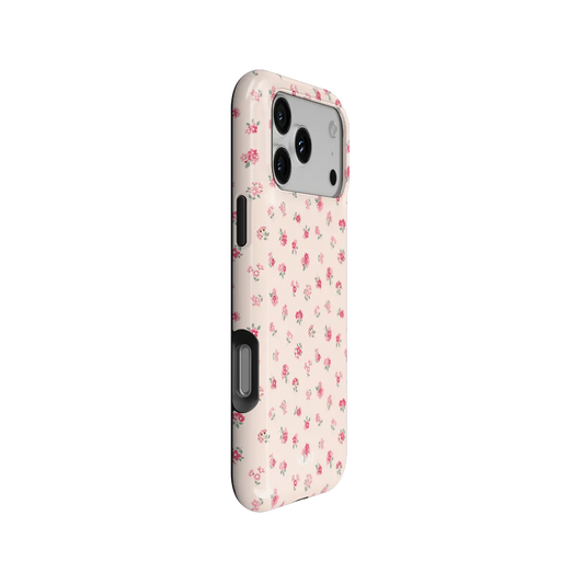 Petal Crush pink rose ditsy floral iPhone case - tough - side angle showing buttons and full wrap