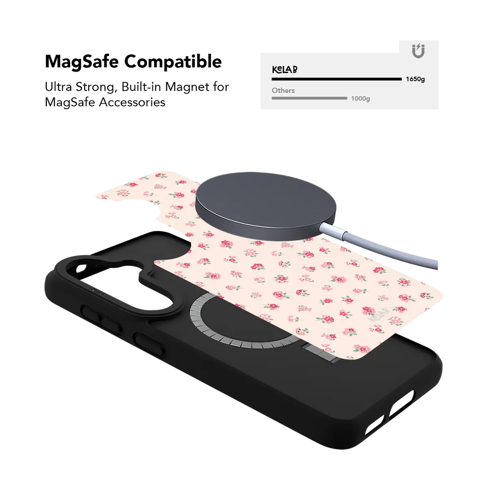 Pink Rose Ditsy Floral Samsung Galaxy case, built-in magnetic ring for wireless charging