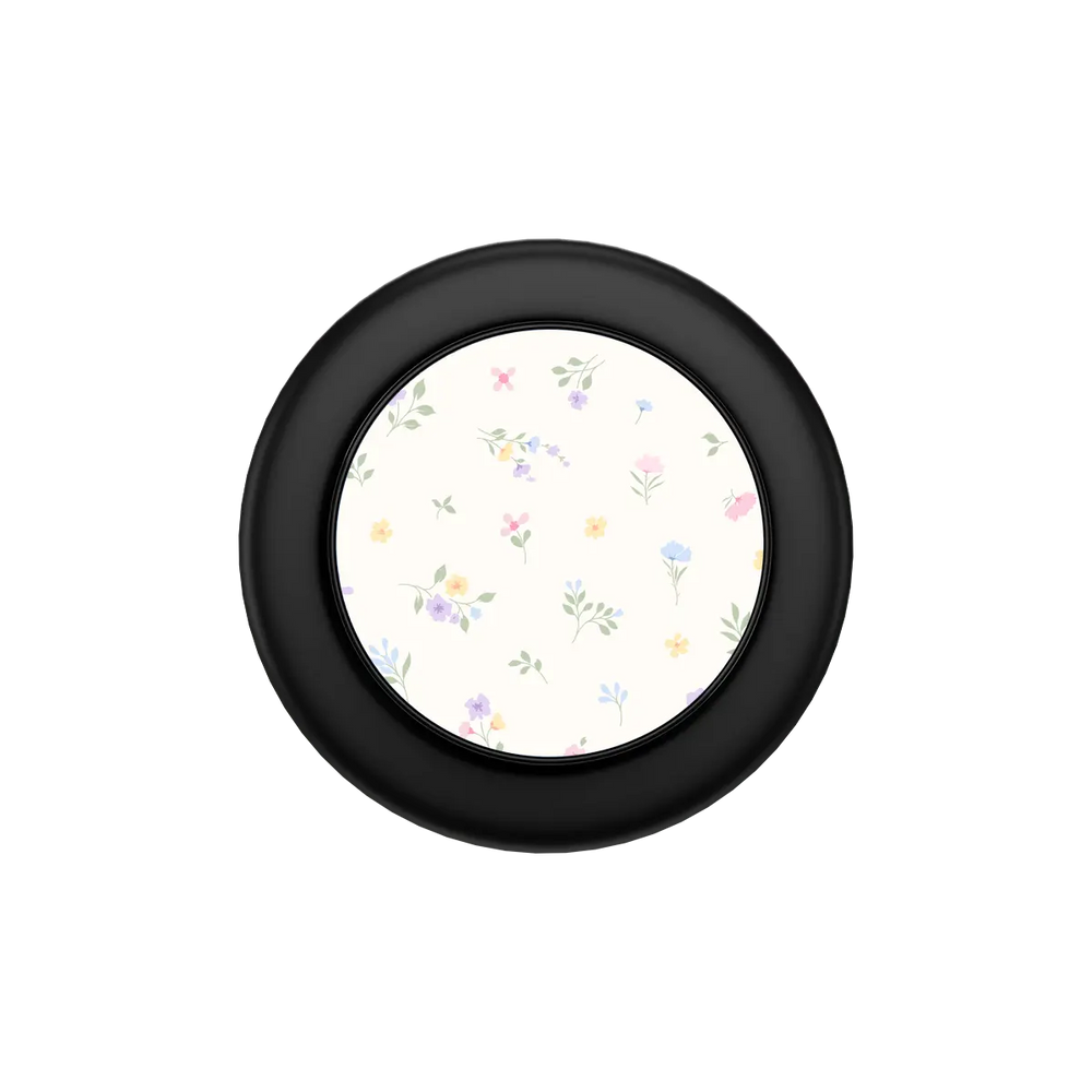 Meadow Spell Pastel Watercolor Ditsy Floral MagSafe phone grip, black grip color, folded flat