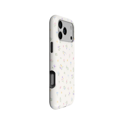 Meadow Spell pastel watercolor ditsy floral iPhone case - tough - side angle showing buttons and full wrap
