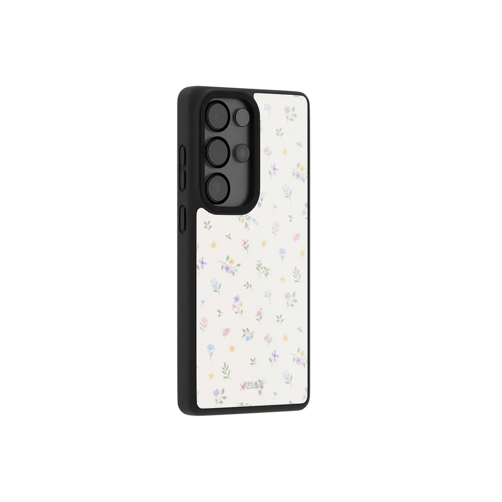 Pastel Watercolor Ditsy Floral Samsung Galaxy case, side angle view with the pattern wrapped around the buttons