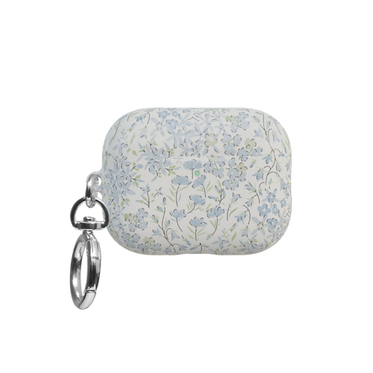 Blue Ditsy Floral airpods pro case front view with closed lid and keychain