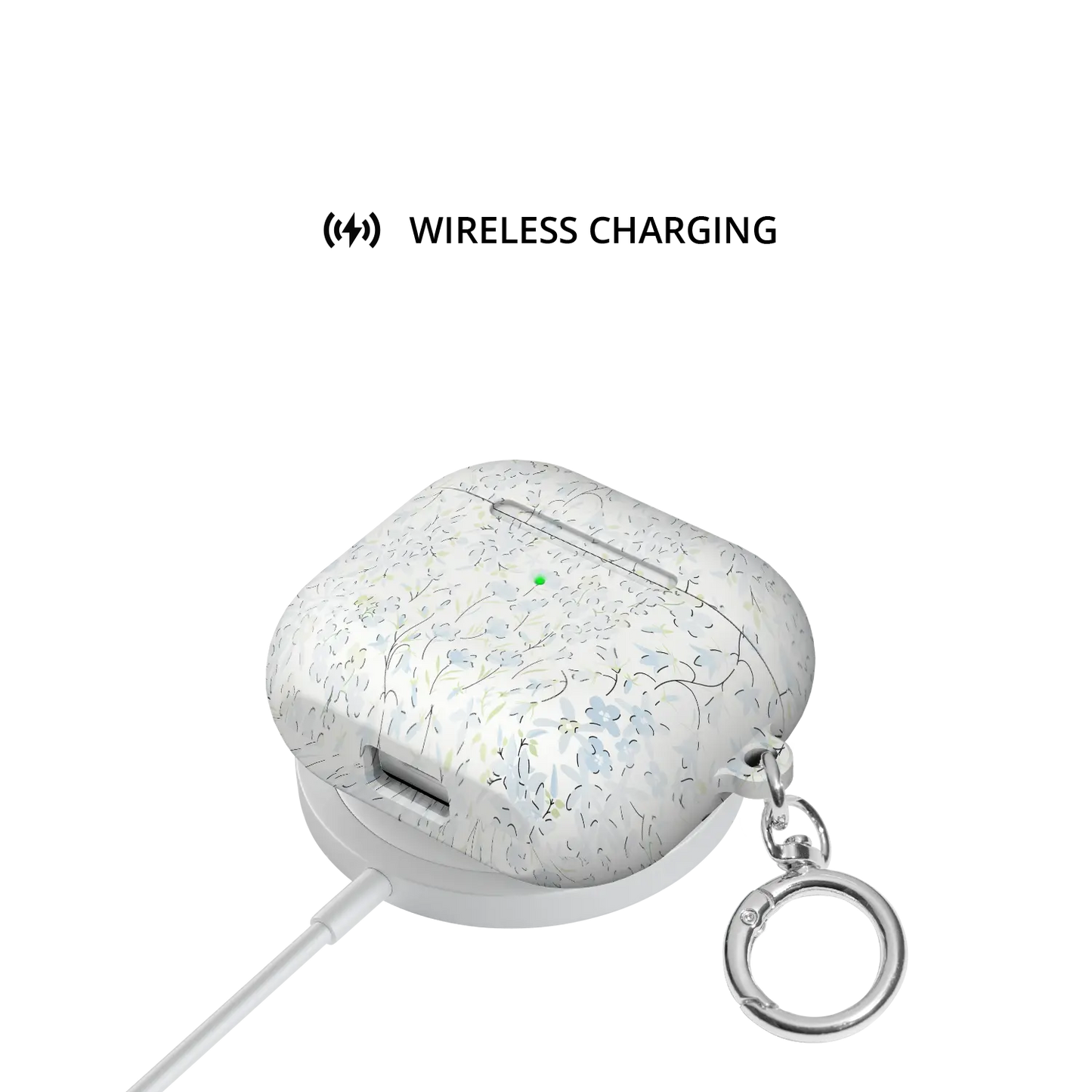 Forget Me Soft | Blue Ditsy Floral AirPods Case - shown on wireless charger