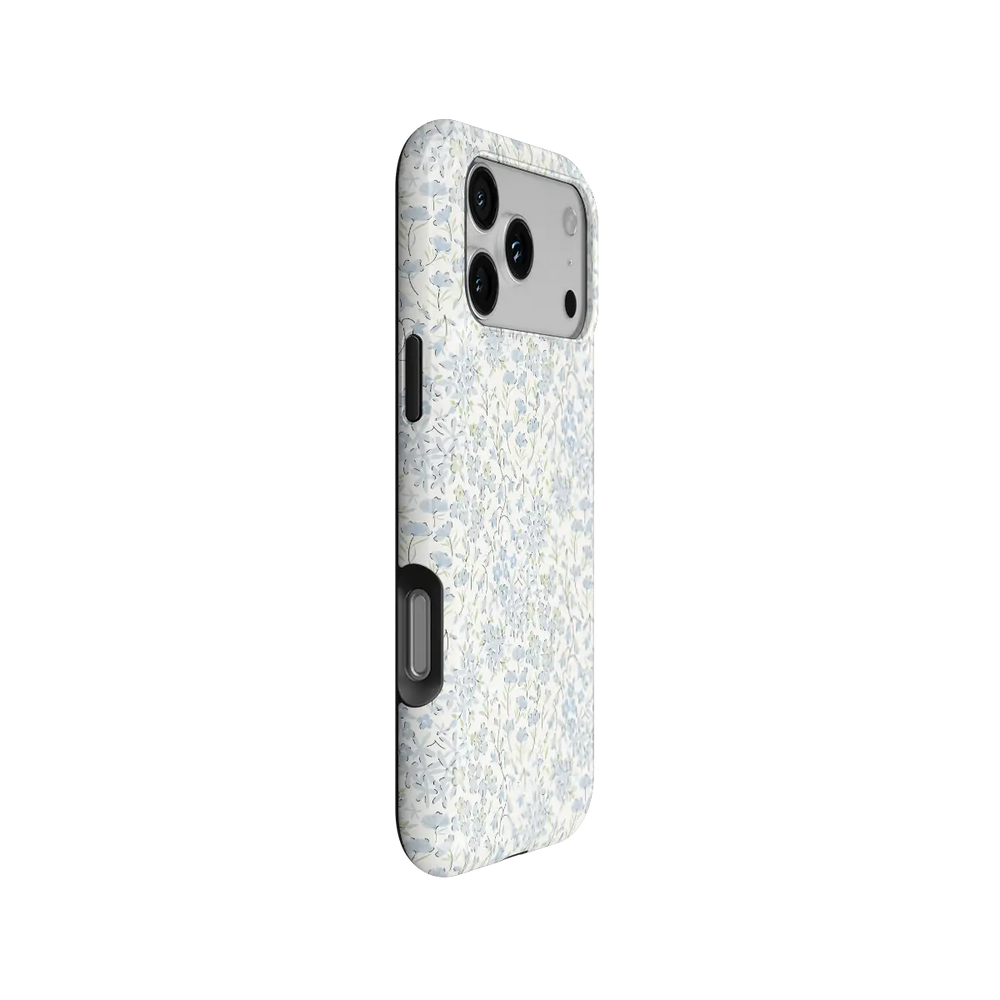 Forget Me Soft blue dense floral iPhone case - tough - side angle showing buttons and full wrap
