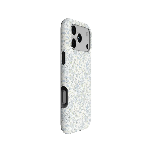 Forget Me Soft blue dense floral iPhone case - tough - side angle showing buttons and full wrap