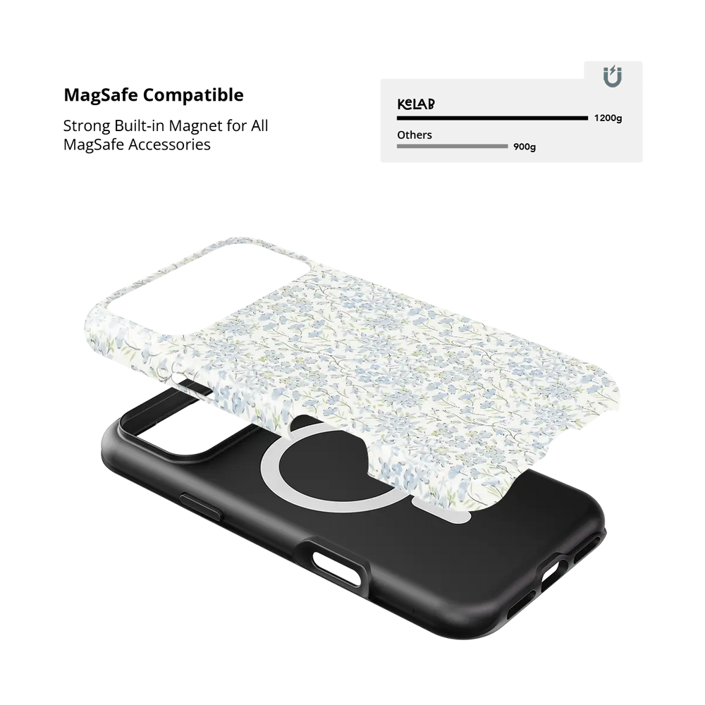 Forget Me Soft blue dense floral iPhone case - tough - MagSafe compatible magnet strength