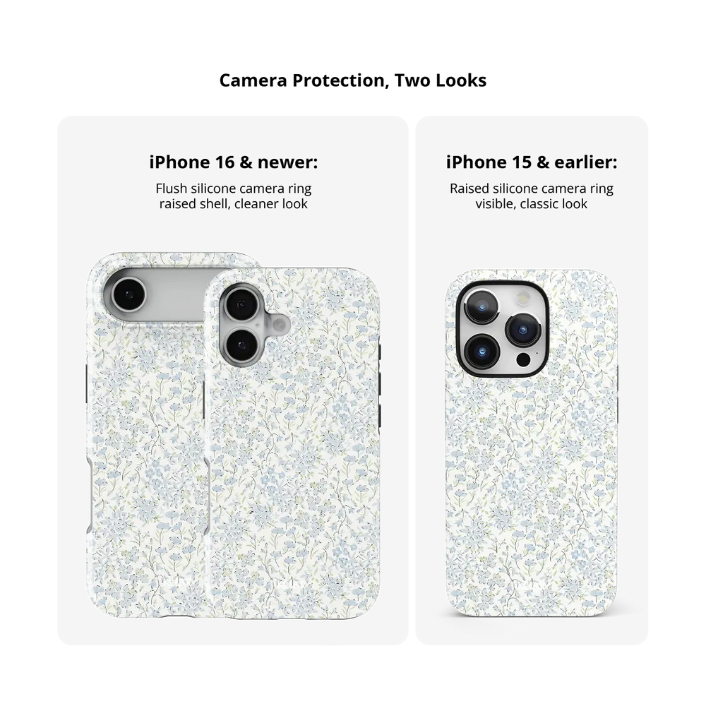 Forget Me Soft blue dense floral iPhone case - tough - camera protection model comparison