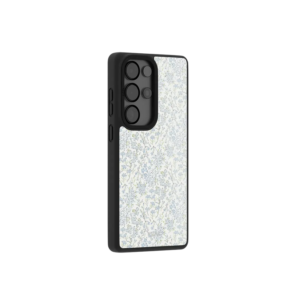 Blue Dense Floral Samsung Galaxy case, side angle view with the pattern wrapped around the buttons