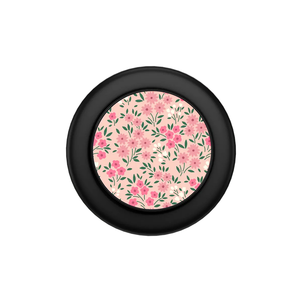 Garden Flush Pink Ditsy Floral MagSafe phone grip, black grip color, folded flat