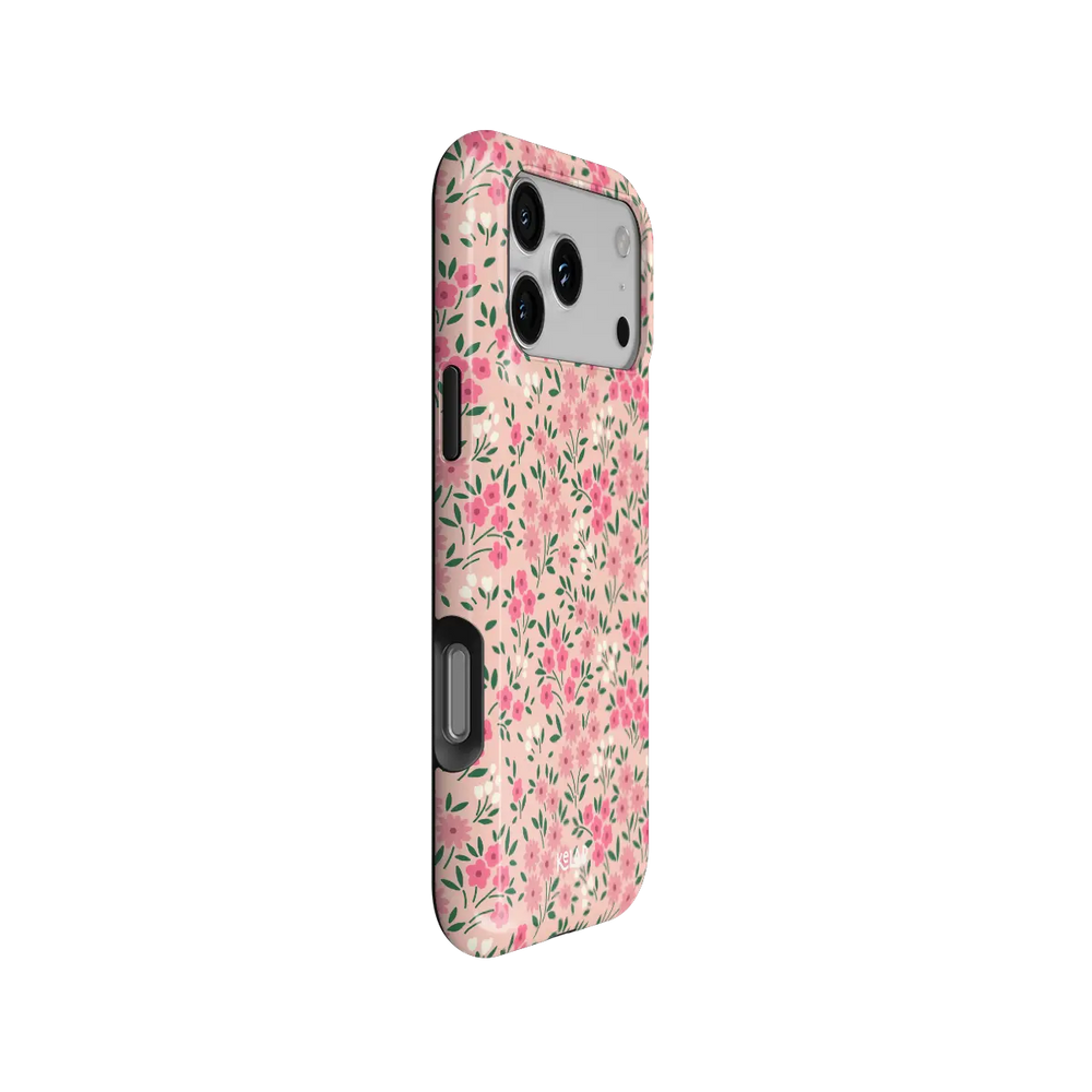 Garden Flush pink garden floral iPhone case - tough - side angle showing buttons and full wrap