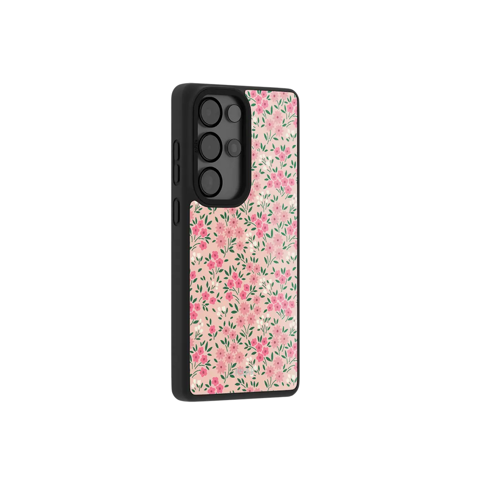 Pink Garden Floral Samsung Galaxy case, side angle view with the pattern wrapped around the buttons