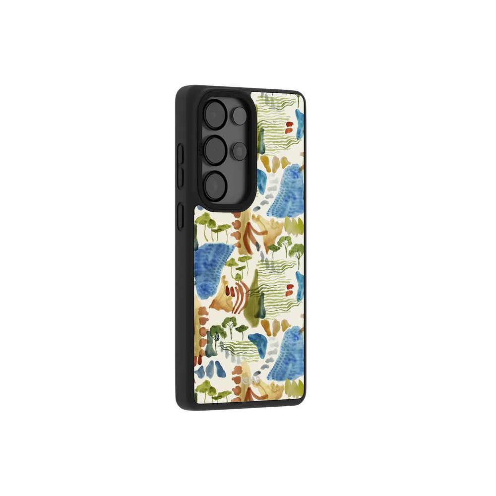 Watercolor Landscape Art Samsung Galaxy case, side angle view with the pattern wrapped around the buttons