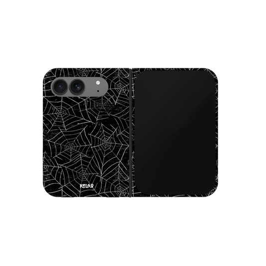 Spider Web, Gothic Black Cobweb iPhone 18 Fold Case, unfolded front view