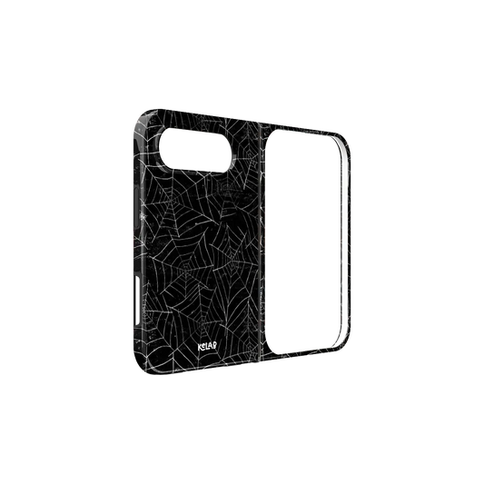 Spider Web, Gothic Black Cobweb iPhone 18 Fold Case, unfolded side view showing the hinge