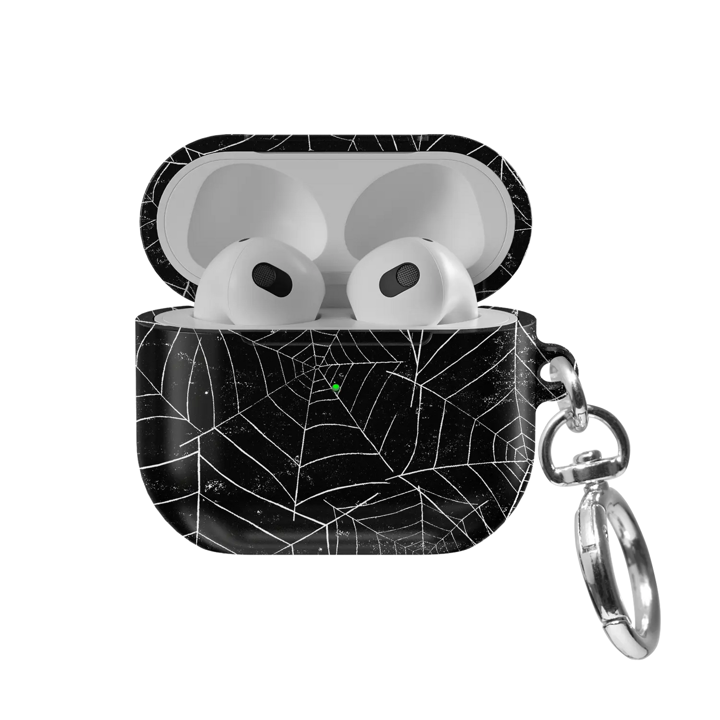 Black Spider Web AirPods Case, front view with lid open