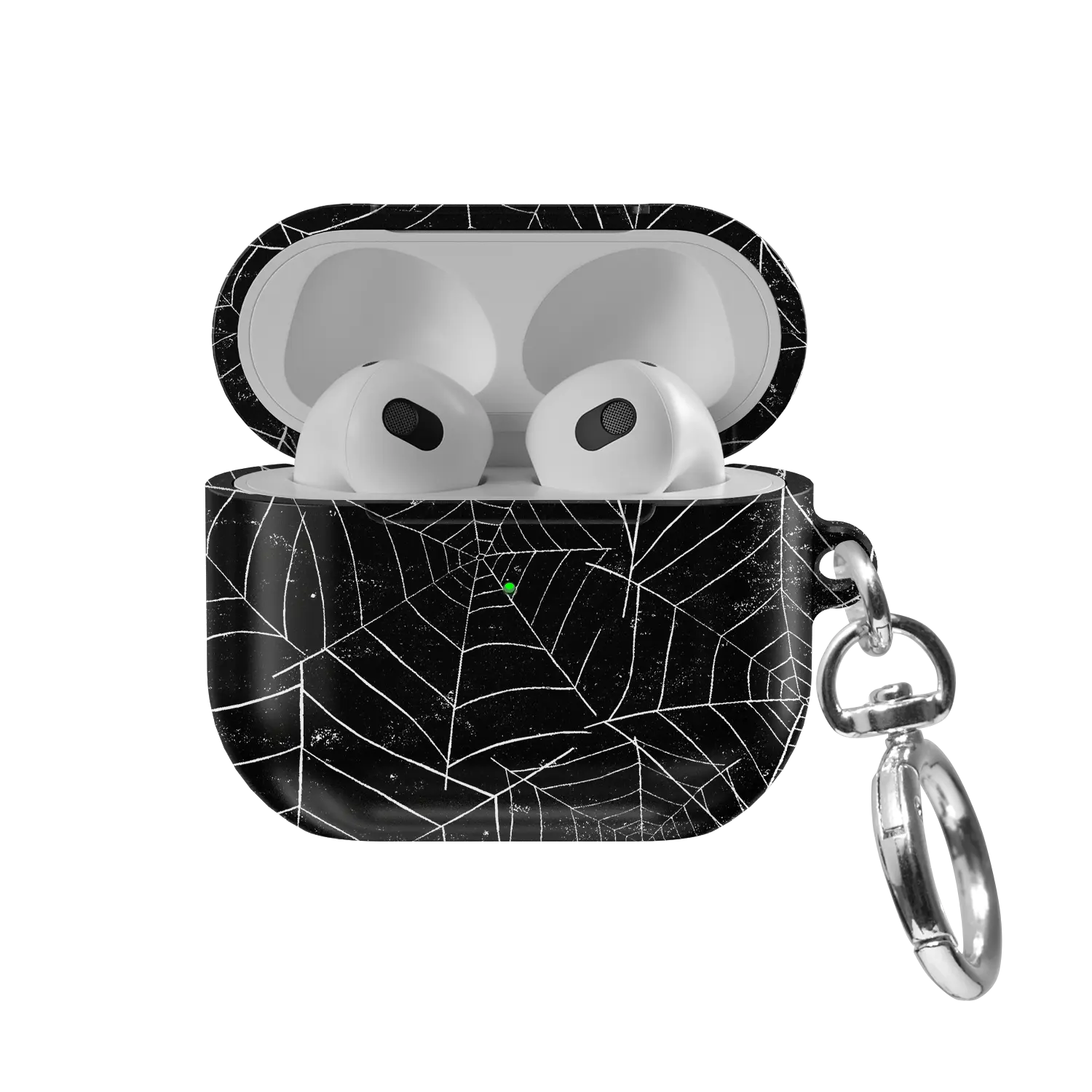 Black Spider Web AirPods Case, front view with lid open