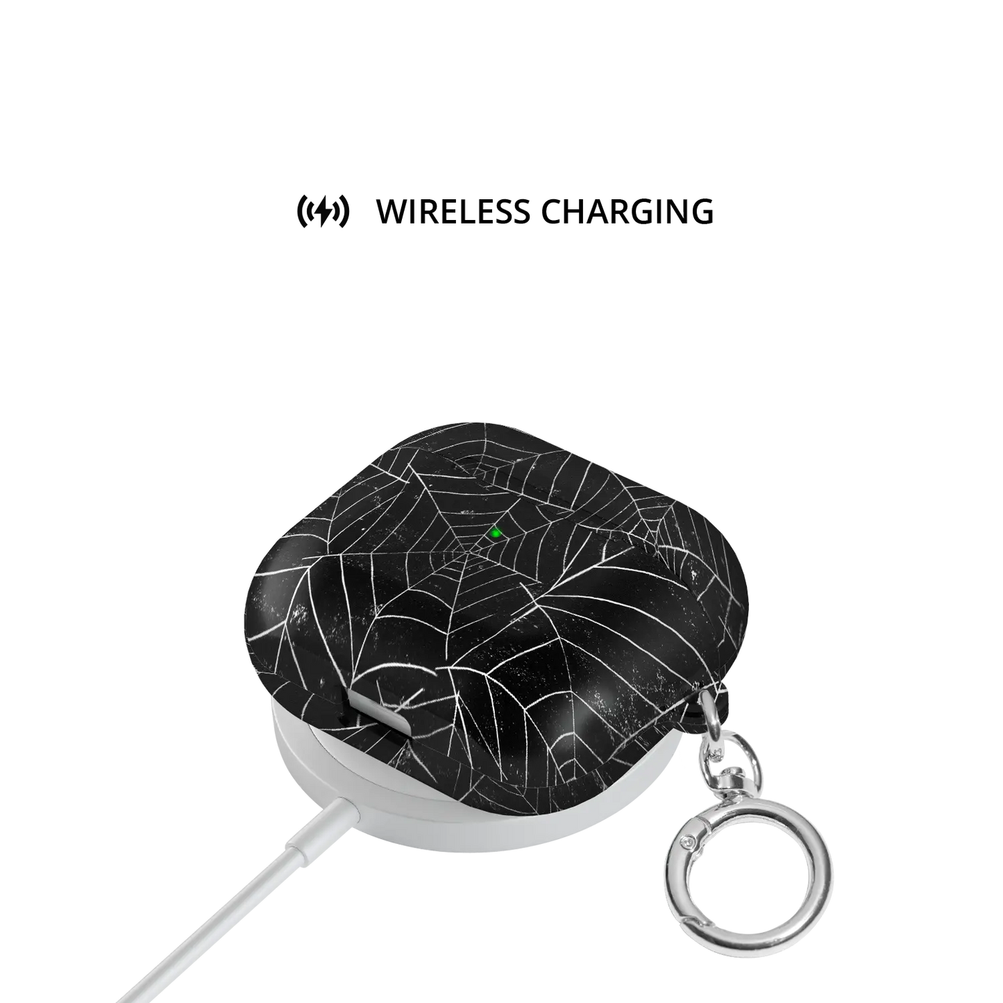 Black Spider Web AirPods Case, on wireless charger