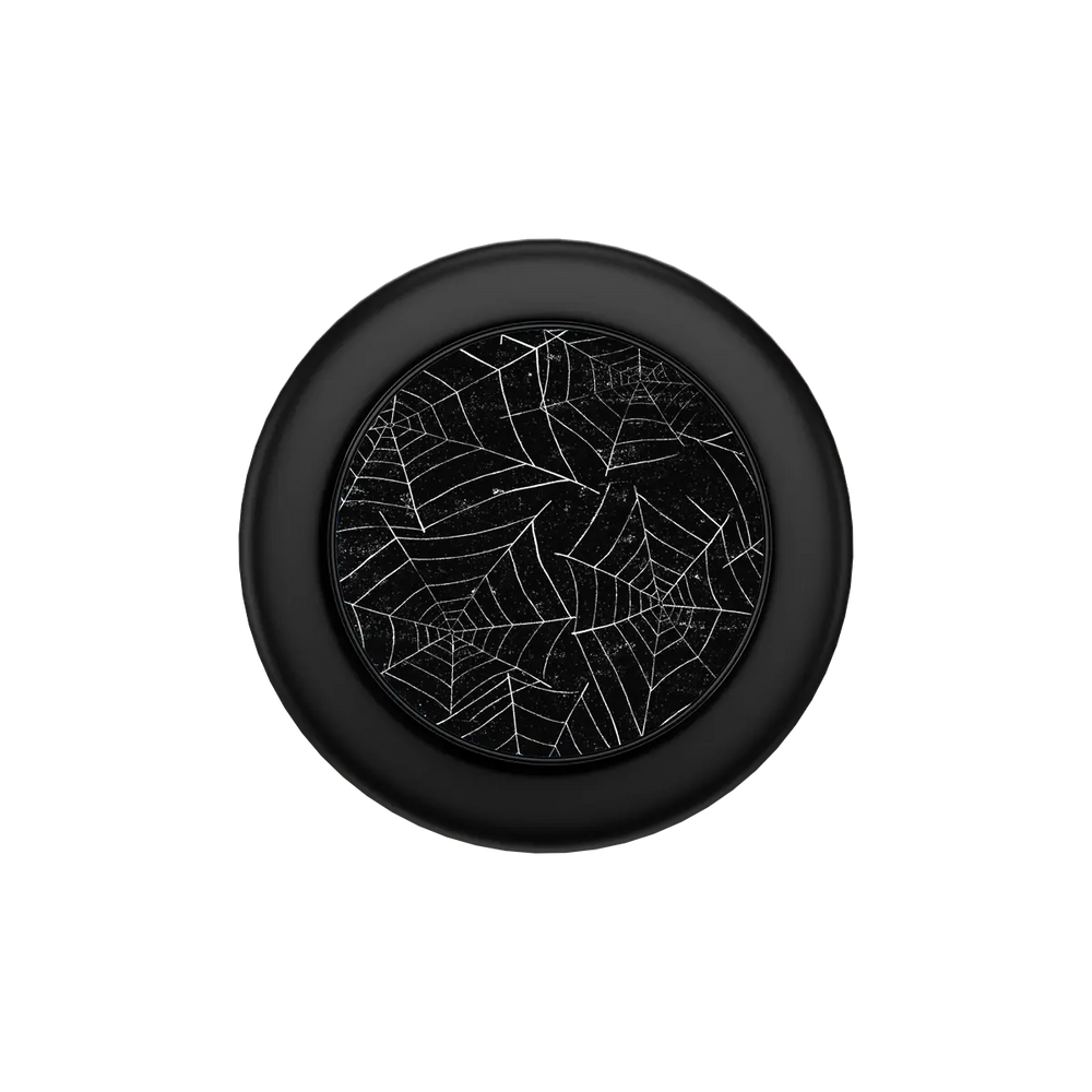 Midnight Web black spider web MagSafe phone grip, folded flat