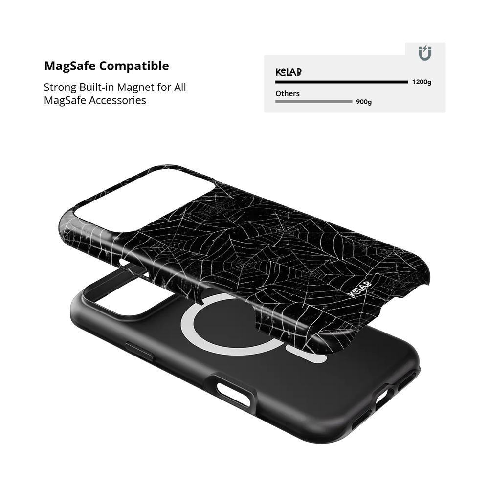 Black Spider Web Tough iPhone case, built-in MagSafe magnets for secure snap-on charging
