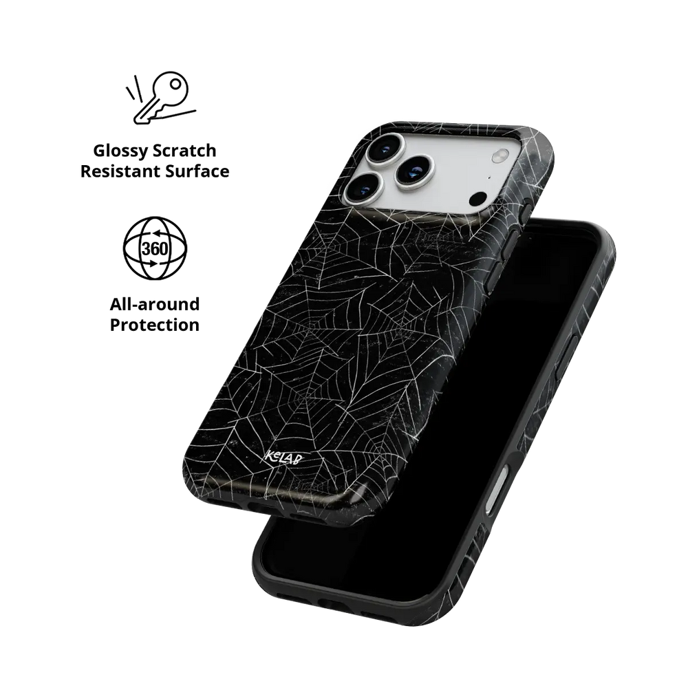 Black Spider Web Tough iPhone case, glossy, scratch-resistant all-around protection