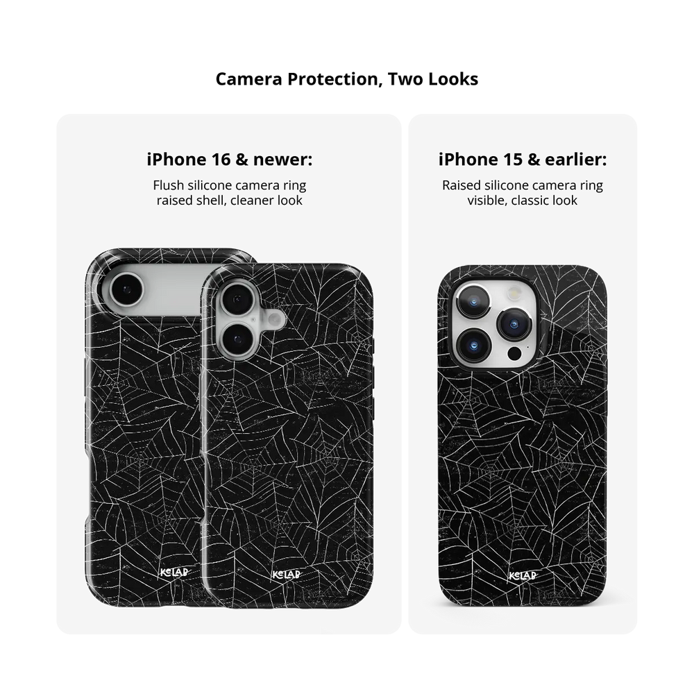 Black Spider Web Tough iPhone case, camera protection compared across iPhone models