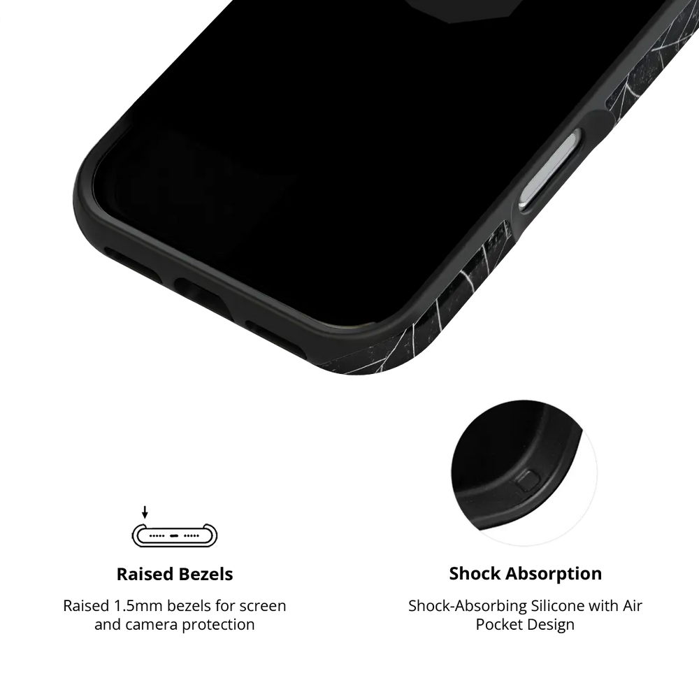 Black Spider Web Tough iPhone case, inside view showing the raised bezel and shock-absorbing liner