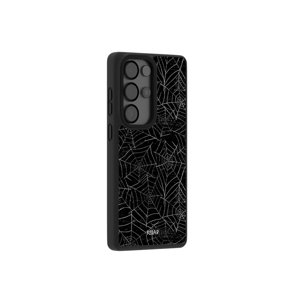 Black Spider Web Samsung Galaxy case, side angle view with the pattern wrapped around the buttons
