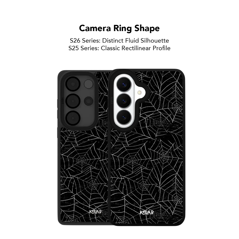Black Spider Web Samsung Galaxy case, close-up of the camera ring cutout