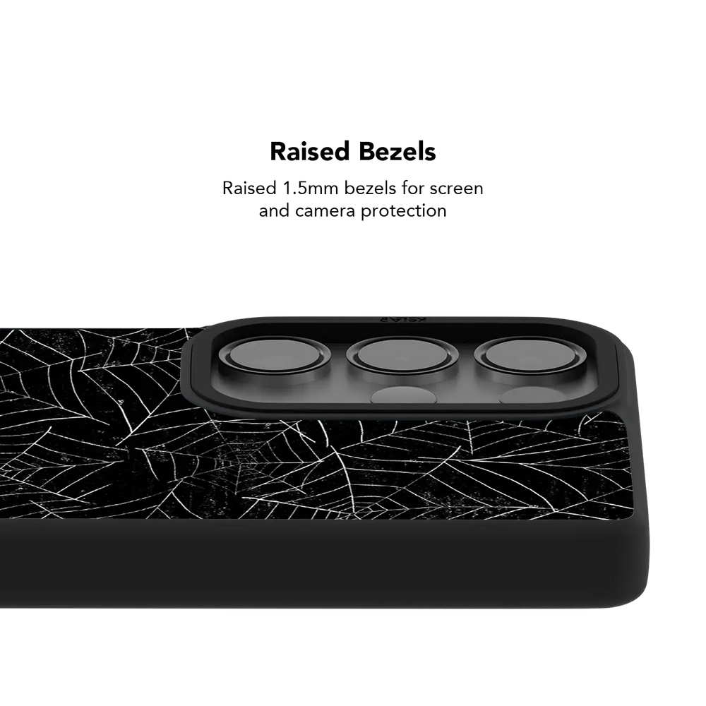 Black Spider Web Samsung Galaxy case, raised bezel offering extra camera protection