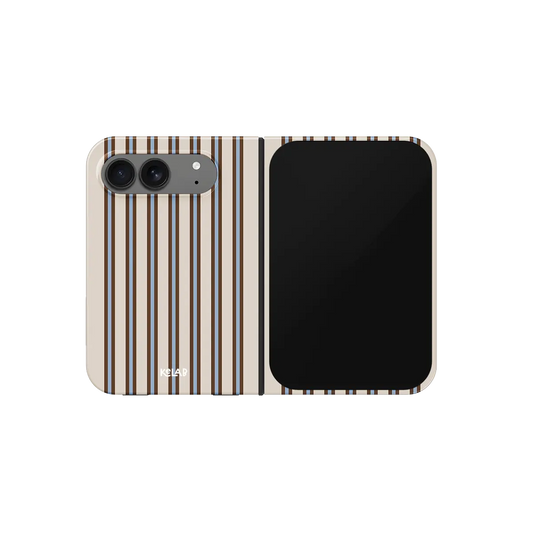 Beige Ticking Stripe, Preppy Oxford iPhone 18 Fold Case, unfolded front view