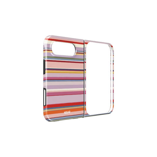 Striped, Multicolor Dusty Boho iPhone 18 Fold Case, unfolded side view showing the hinge