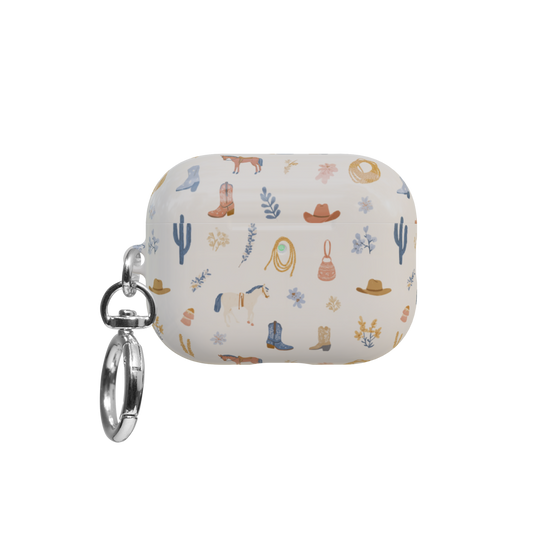 Cream Cowboy Western airpods pro case front view with closed lid and keychain