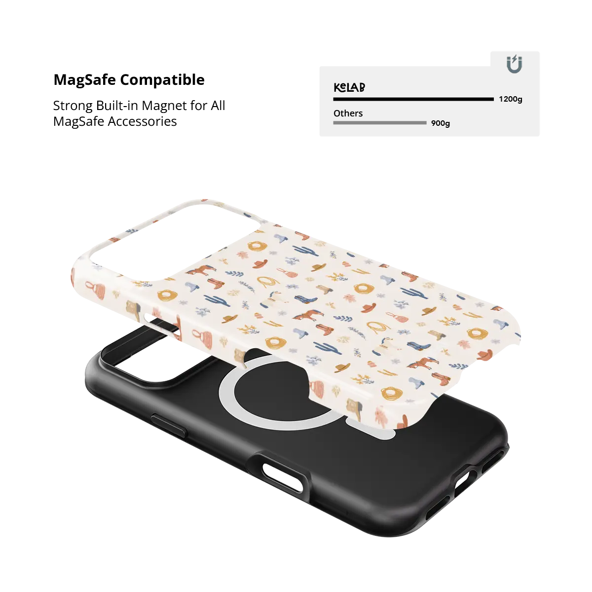 Tough iPhone case, MagSafe magnet compatibility demonstration, cream cowboy western print