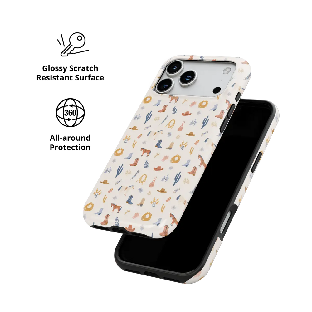 Tough iPhone case, scratch resistant polycarbonate shell detail, cream cowboy western print