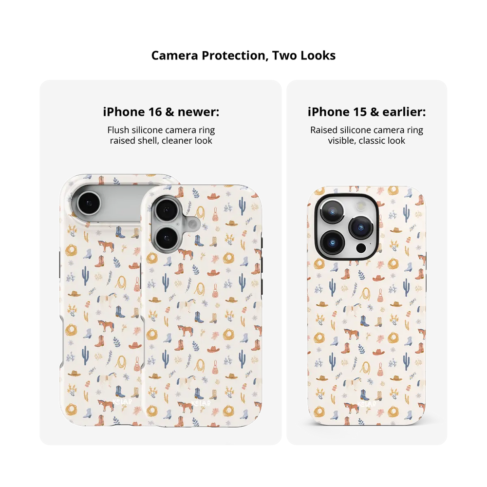 Tough iPhone case, raised camera bezel protection across iPhone models, cream cowboy western print