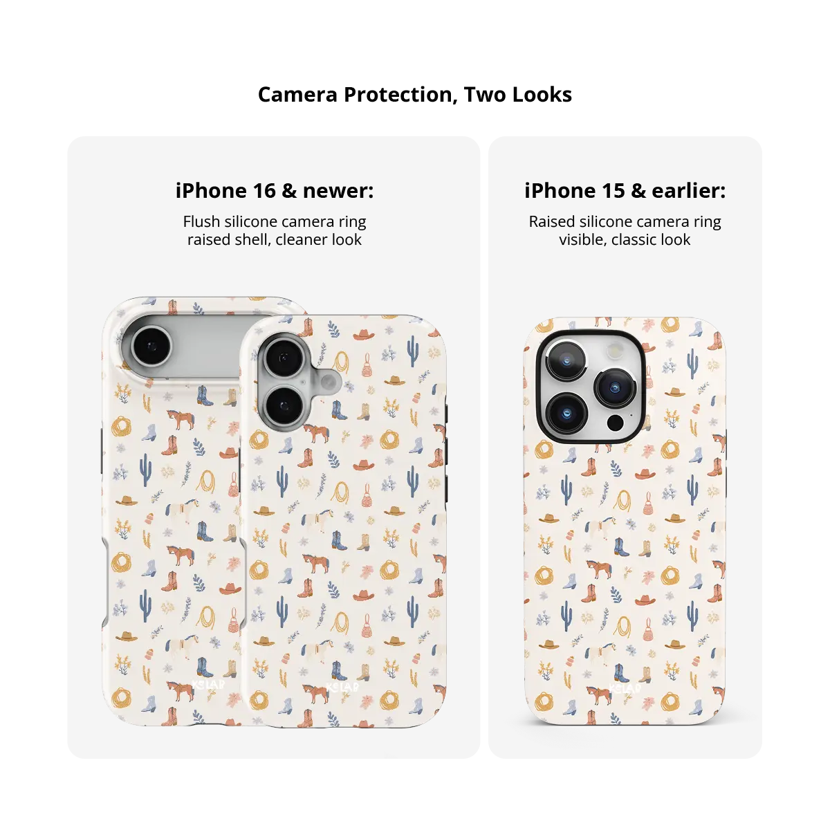 Tough iPhone case, raised camera bezel protection across iPhone models, cream cowboy western print