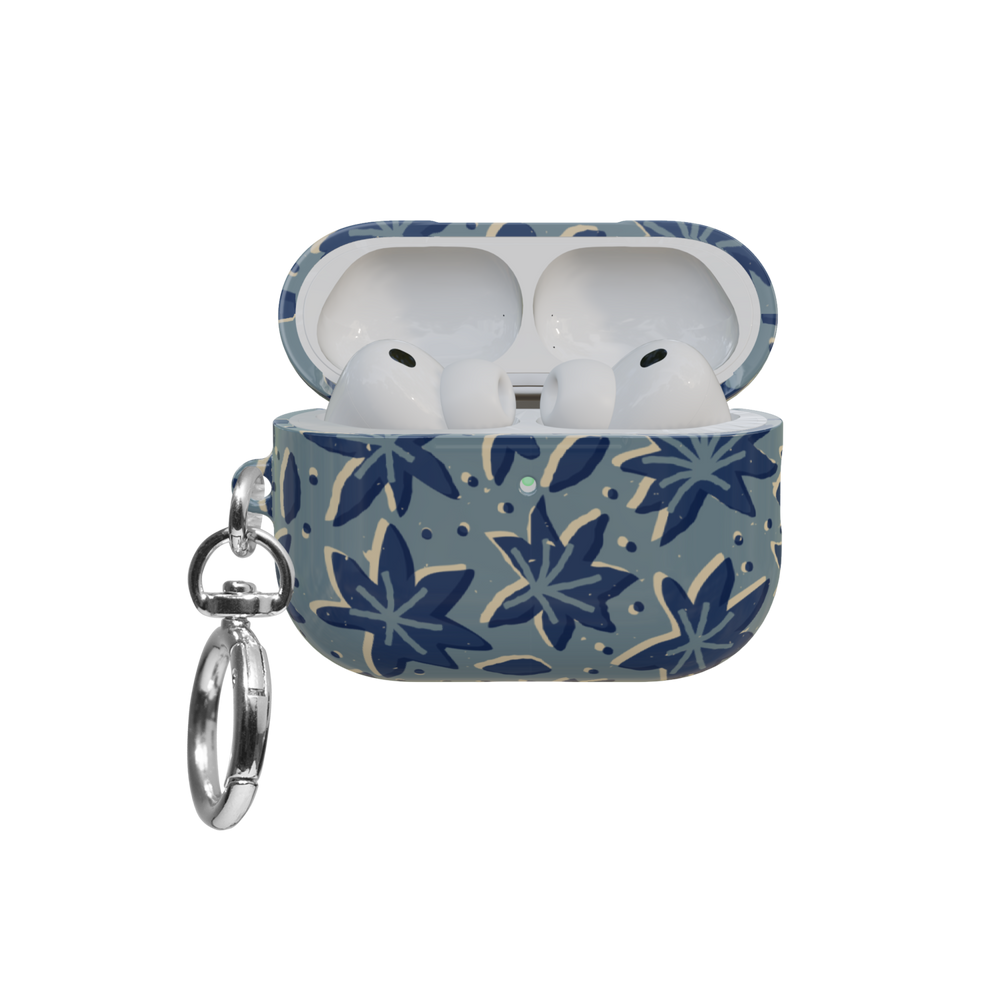 Slate Blue Floral airpods pro case front view with open lid and keychain