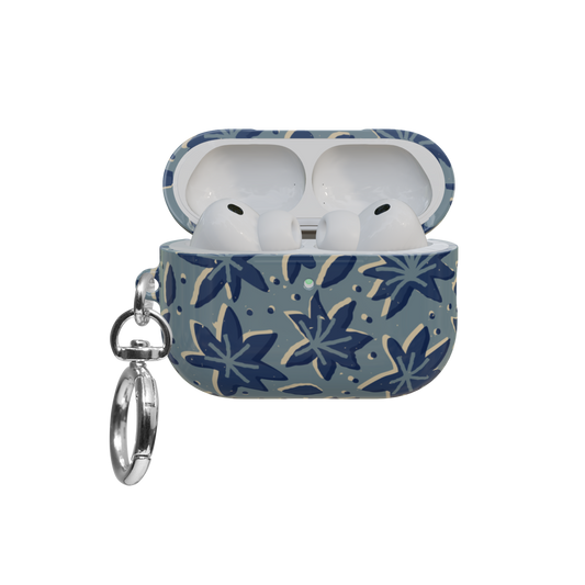 Slate Blue Floral airpods pro case front view with open lid and keychain