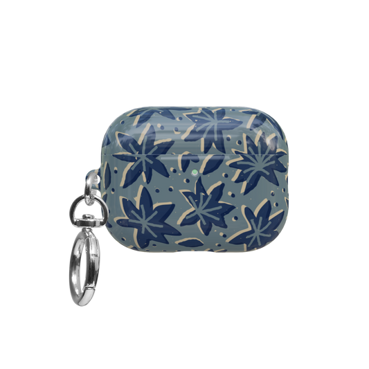 Slate Blue Floral airpods pro case front view with closed lid and keychain