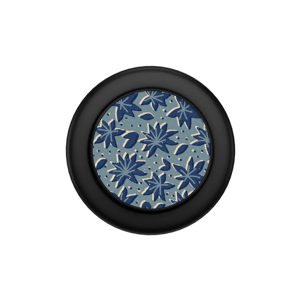 slate blue thistle floral print MagSafe phone grip, black hardware – folded flat, top view
