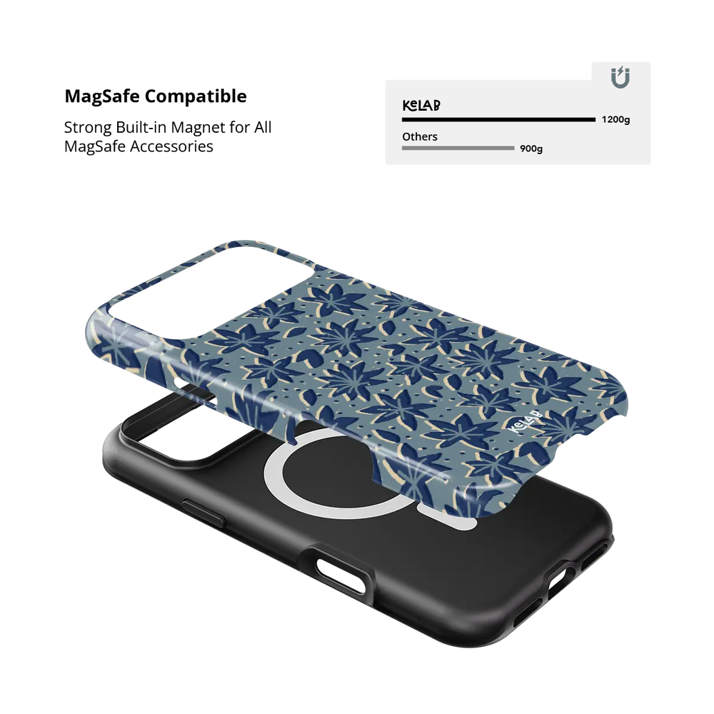 slate blue thistle floral print iPhone case in Tough finish – close-up of the built-in MagSafe magnet ring
